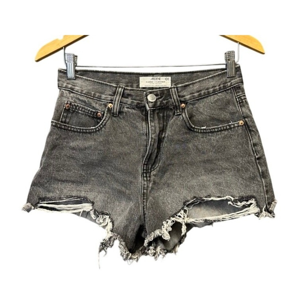 Ardene Classic High Rise Denim Shorts Washed Black Gray Frayed Hem Size 1